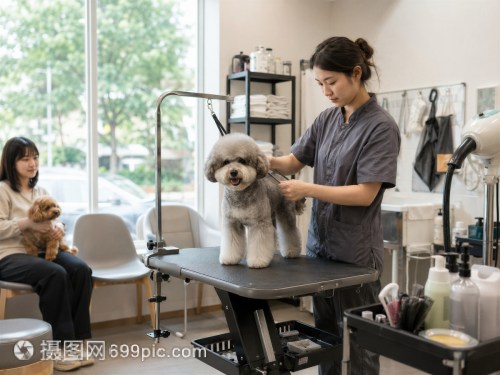 宠物美容店内美容师为爱犬梳理毛发